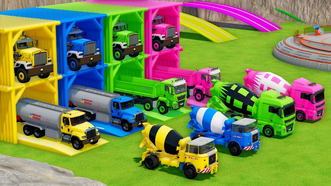Garage with Colors - ALL MIXER TRUCK WITH DOUBLE FLATBED TRAILER TRUCK, MAN, SKODA, VOLKSWAGEN, CAT