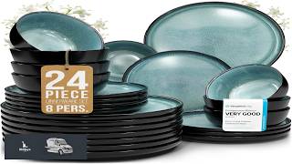 24 Piece Stoneware Dinnerware Set for 8 Handmade Reactive Glaze Plates