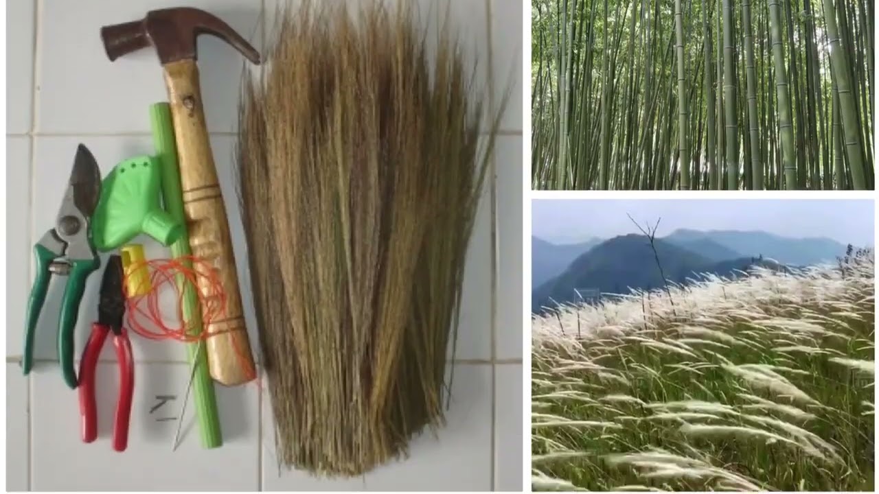 Handmade Natural Grass Broom with Bamboo Stick & Thai Pattern Embroidery - 40 Inch Length