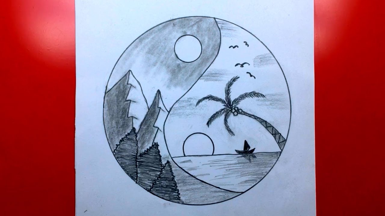 Cómo dibujar un paisaje en círculo Dibujo de paisaje fácil