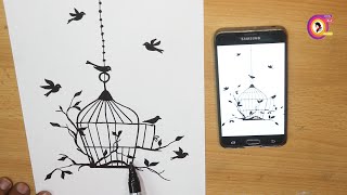 اسكتش سريع طريقة رسم قفص العصافير استنسل بطريقة سهلة جدا screenshot 5