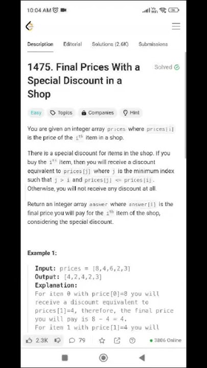 Leetcode Problem 1475 | Final prices with a special discount in a shop ...