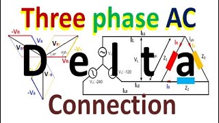 Delta connection in three phase AC supply, relation of phase and line current, applications