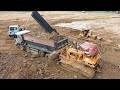 Hyundai Dump Truck & Komatsu Dozer Best Work - Dump Trucks Unloading Dirt and Bulldozer Pushing Dirt