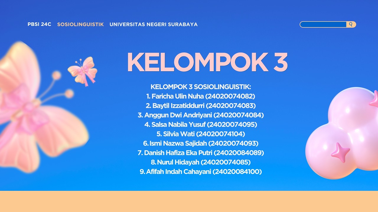 PRESENTASI KELOMPOK 3 MATA KULIAH SOSIOLINGUISTIK SUBJUDUL 