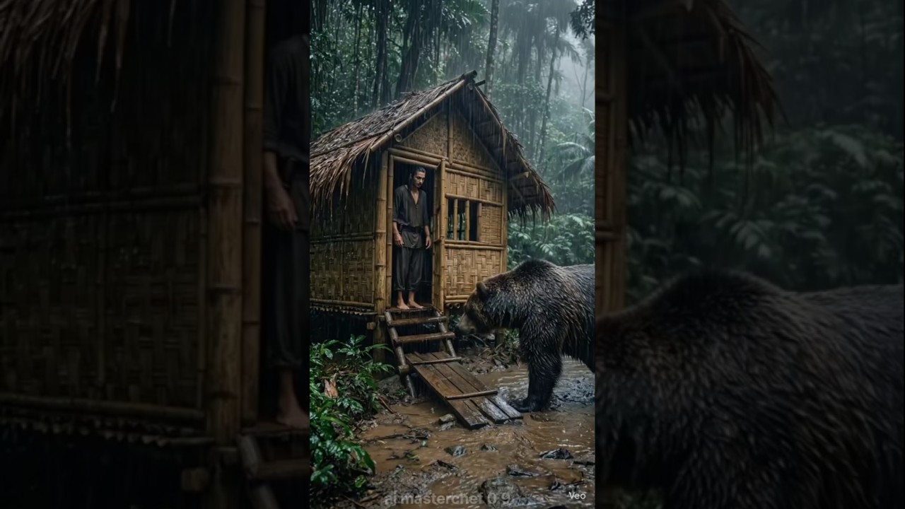 Rainforest Survival Encounter | #rainforest #jungle #wildbear #survival #bamboohut #aivideo  #aistoy