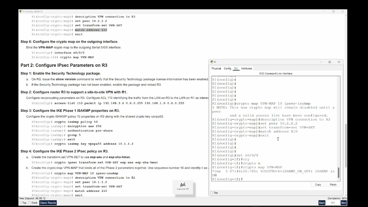 8.4.1.2 - Packet Tracer - Configure and Verify a Site to Site IPsec VPN  using CLI - High Res Full