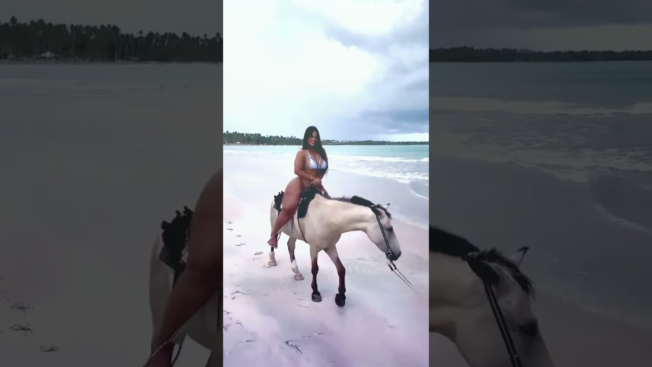 Plus Size Curvy Latina Bikini Model Riding Horse On The Beach 