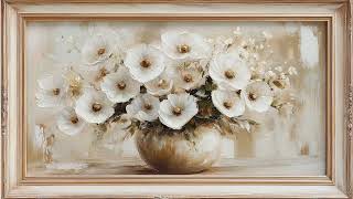 Gold Vintage Frame Wallpaper Art | Pink White Watercolor Flowers Peonies, TV Display Screensaver HD screenshot 5