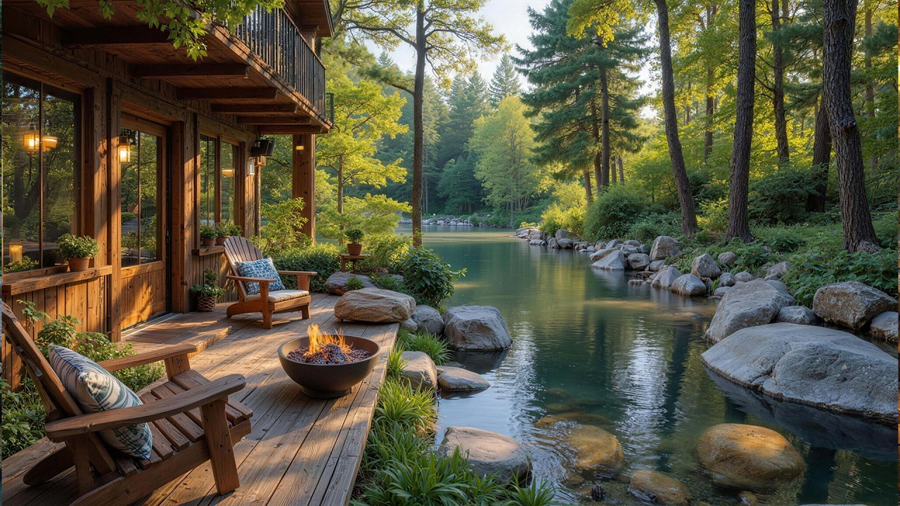 Calming Spring Forest Riverside with Gentle River & Fireplace Sounds 🌺Tranquil Piano Music for Relax