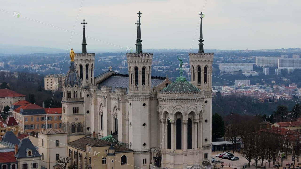 Aerial view of the Basilica of Notre Dame de Fourviere, stunning landmark overlooking the cityscape