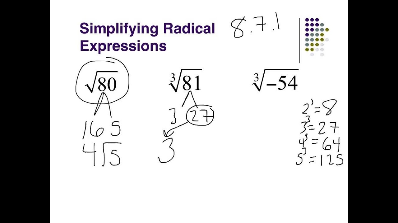 #3.1 - 8.7.1 - simplifying radicals (intro, basic) - algebra 2 - YouTube