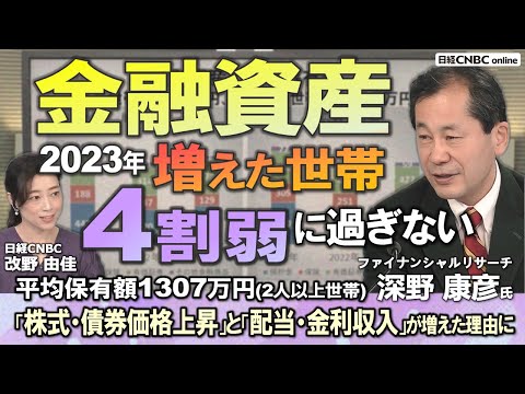 【昨年(2023年)、金融資産が増えた世帯は4割弱に過ぎない】「株式・債券価格の上昇」「配当・金利収入」が増えた理由1位と2位／資産内訳：株式と投資信託の保有額やNISA・iDeCoの保有額は