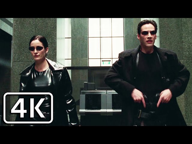 The Matrix - Guns, lots of guns Neo and Trinity Shootout Scene [4K] class=