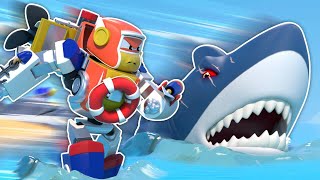 🦈SHARKS ATTACK!🦈 Super ROBOT BOAT to the rescue! - Robot Transformation Cartoons for Kids