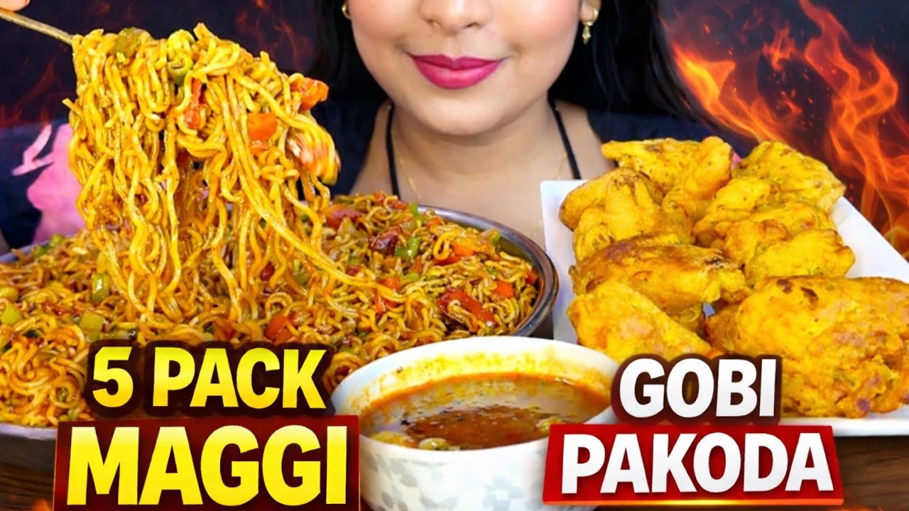 5 Packet Spicy Maggi Challenge 😳🌶️ | Veg Maggi + Gobi Pakora Mukbang | Indian Asmr