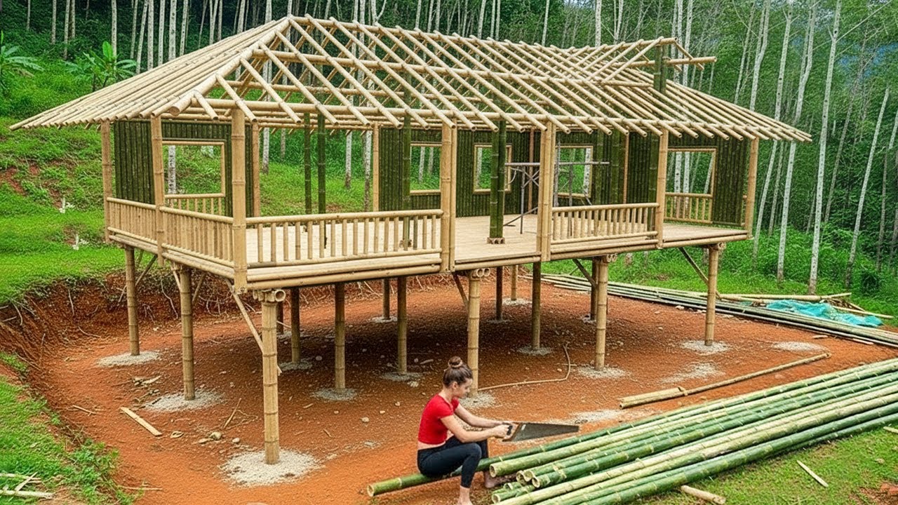 Timelapse: Young Girl Alone Completes a Beautiful Bamboo House From ...