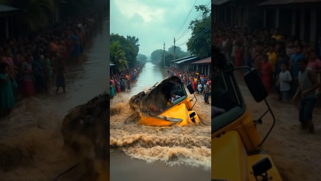 School Bus PLUNGES Into Flood - Road Collapses 