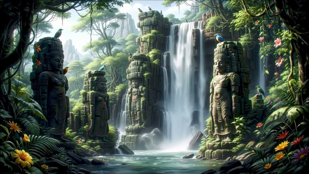 Ancient Jungle Temple Waterfall 🌿 Healing Water Sounds & Zen Music for Spiritual Meditation ✨