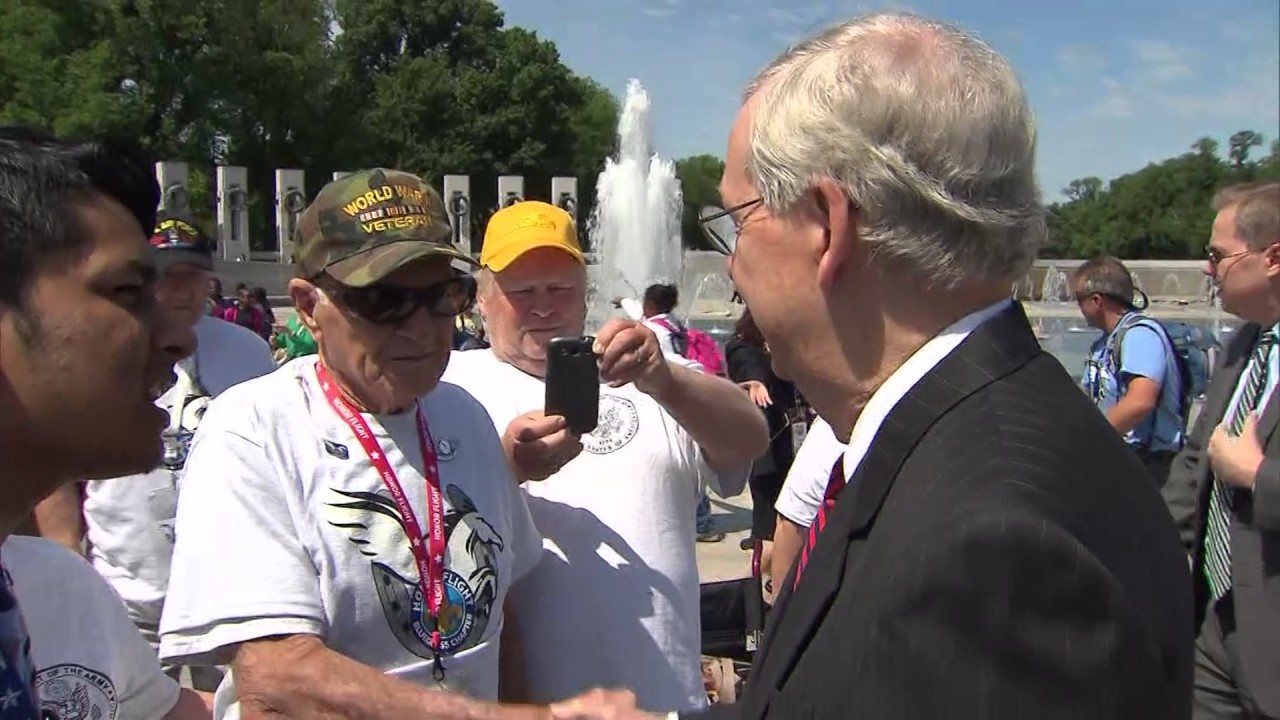 Honor Flight Bluegrass Chapter With Sen McConnell At WWII Memorial 