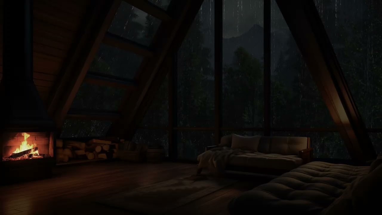 Noite chuvosa na floresta tropical em sótão acolhedor com lareira e sons relaxantes de chuva