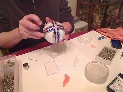 Making a Blue and Peach Sequined Christmas Ornament