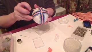 Making a Blue and Peach Sequined Christmas Ornament