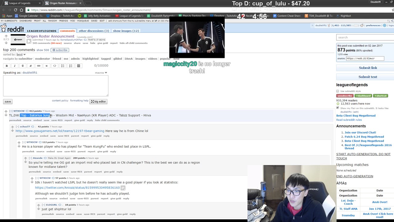 Doublelift reacts to Origen's roster announcement