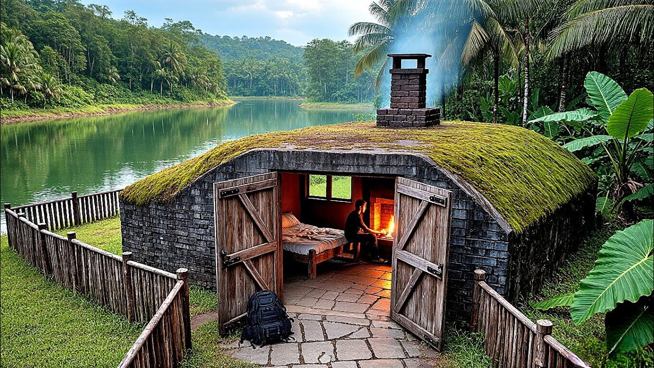 45 days solo bushcraft : Build a comfortable shelter next to a mysterious lake