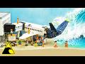 Lego city airport tsunami  lego airplane  dam breach flood experiment  plane crashes into airport
