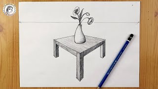 drawing 2 point perspective | table | dubojo رسم  | رسم منظور | رسم مزهرية | رسم طاولة بالمنظور