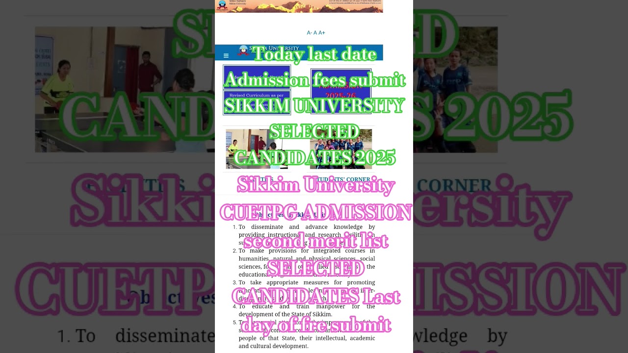 Sikkim University Cuet Pg Second Merit List 2025 | Selected candidates Last day fees submit 