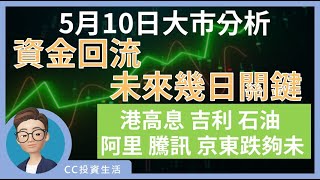 5月10日: 資金回流，未來幾日關鍵 | 港資高息股、吉利、石油資源如料上升 | 煤氣要食糊未 | 阿里巴巴、騰訊、京東跌夠未 #阿里巴巴 #中華煤氣 #恒生指數