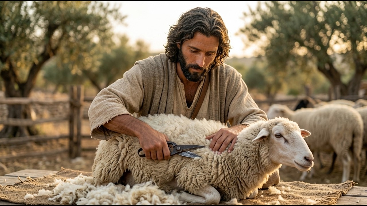 Jesus in the Garden: Raising Sheep and Harvesting Wool to Make Clothing | AI Christian Tribute