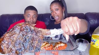 Huge 4Ooz Hawaiian TOMAHAWK RIBEYE and Lobster Tails Surf n Turf ASMR burping Messy eating Mukbang