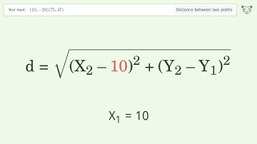 Find the distance between two points p1 (10,-23) and p2 (75,47): Step-by-Step Video Solution