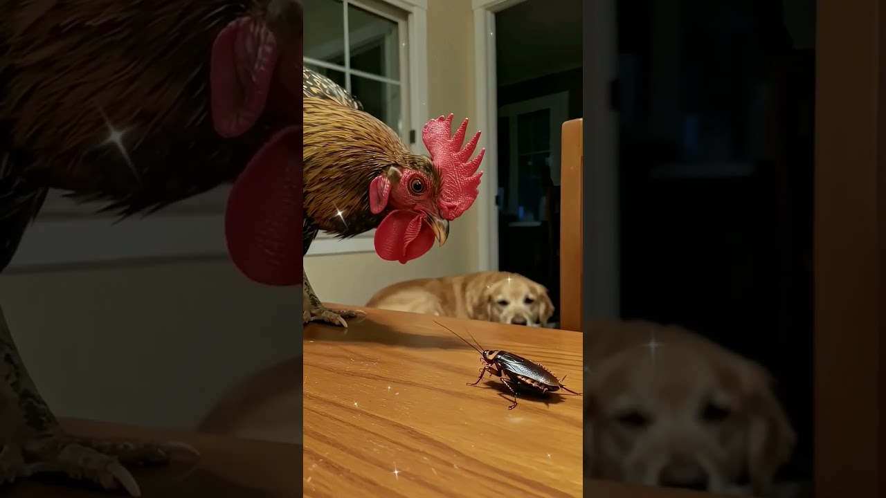 Priceless Reaction: Rooster and Dog Meet Cockroach for the First Time
