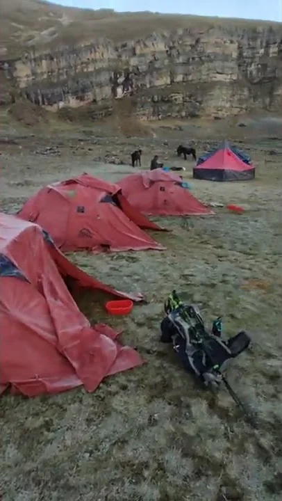 Frozen tents in the morning along Huayhuash in Peru.