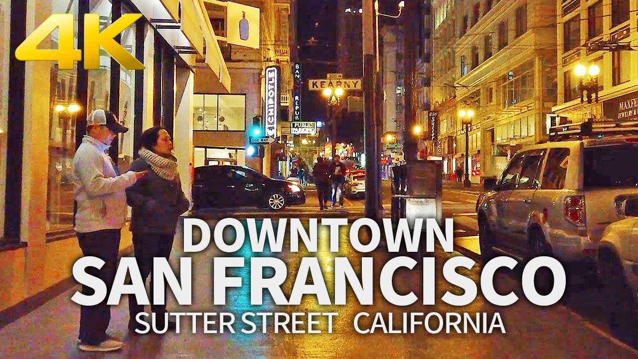 SAN FRANCISCO - Walking Downtown San Francisco, Sutter Street at Night, California, USA, Travel - 4K