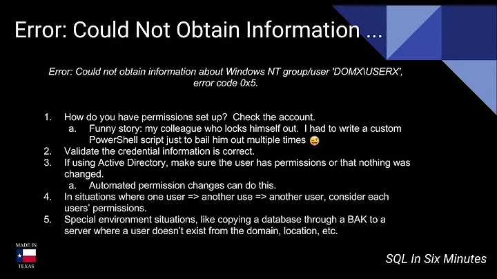 Error: Could not obtain information about Windows NT group/user '', error code 0x5