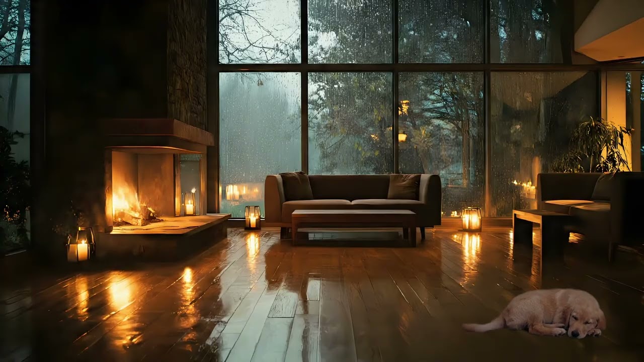 Rainy Night Indoors  Fireplace & Piano Music for Calm & Sleep