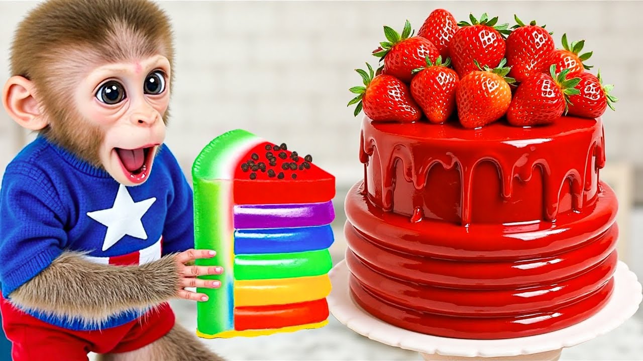 BonBon Monkey Surprised by Rainbow Cake and Strawberry Dessert Fun | JOA Animal