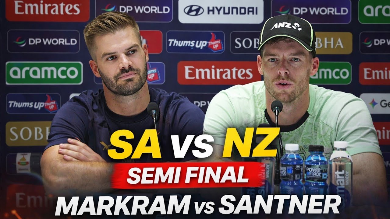 Эйден Маркрам и Митчелл Сантнер дают интервью в преддверии полуфинала чемпионата мира по крикету ...