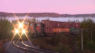 Big CN Stack Train 120 w/DPU thru the Ground Fog near Dorchester, NB at Sunrise