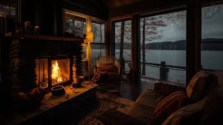 Shelter in Cozy Cabin by the Lake with Heavy Rain Falling and Cozy Fireplace to Warm up & Relaxing