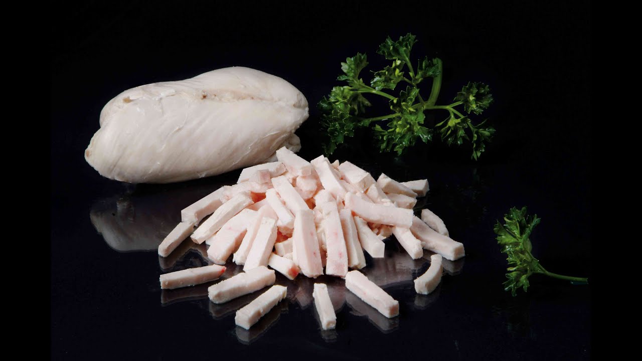FOODLOGISTIK cooked chicken breast cutting, 6x6x35 mm strips YouTube