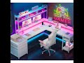 Transform Your Gaming Experience with White L Shaped Desk - LED Lights &amp; Drawers Included!