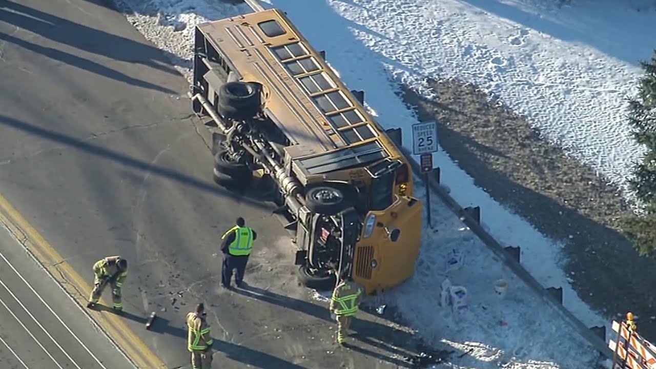 Scene footage: 1 hurt after school bus rolls over in Plymouth Township ...