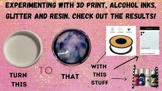 3-D printed coaster with alcohol ink, resin, and glitter.