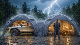 CAMPING in HEAVY RAIN | Cyber Truck Inside TWO GIANT Inflatable Tents